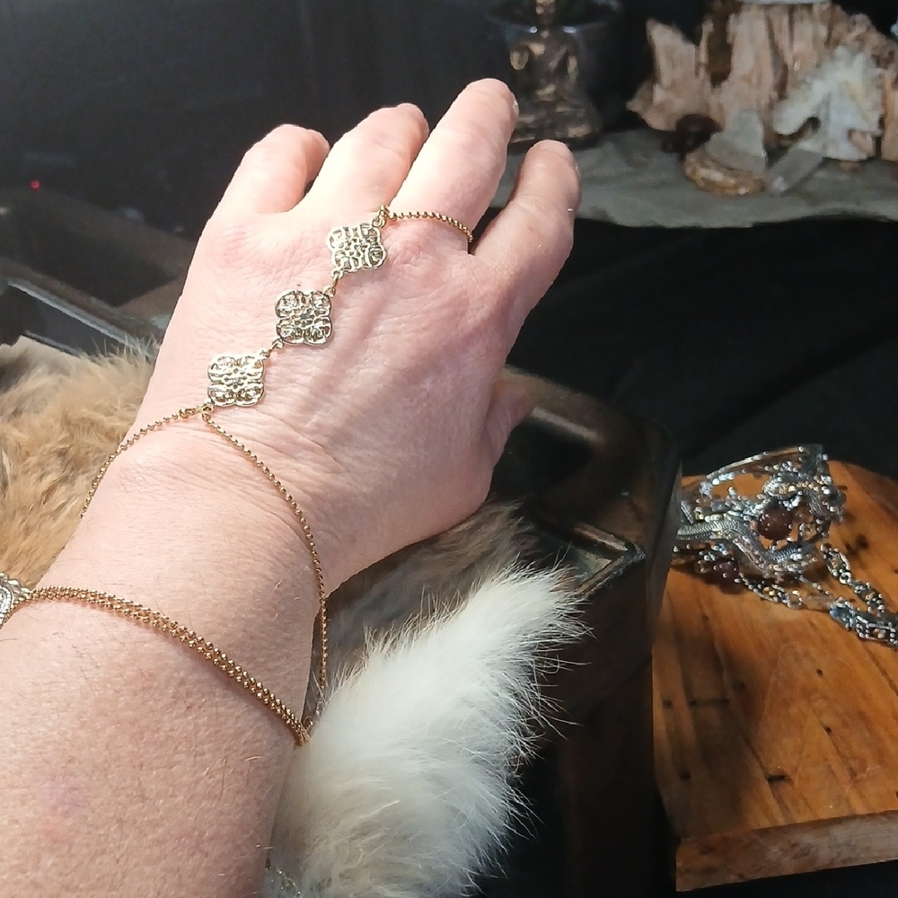 Gold Hand Chain Bracelet with Floral Links - Women Jewelry - Picture 2 of 3